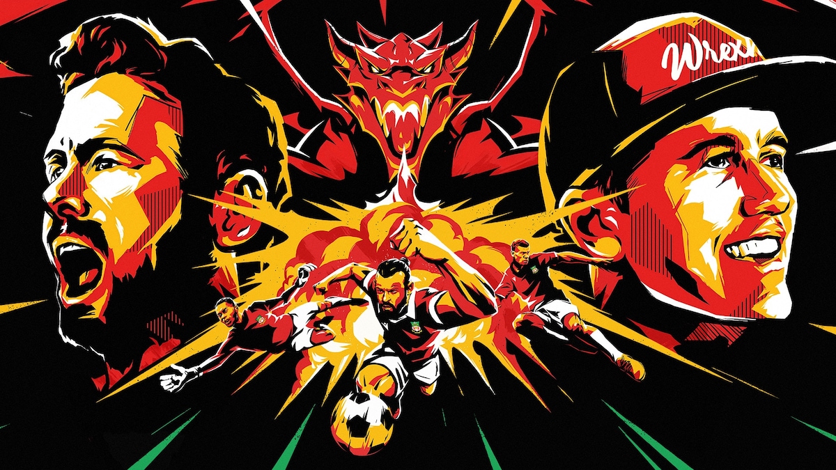 Ryan and Rob hovering over a soccer stadium with a dragon holding a trophy in front of them